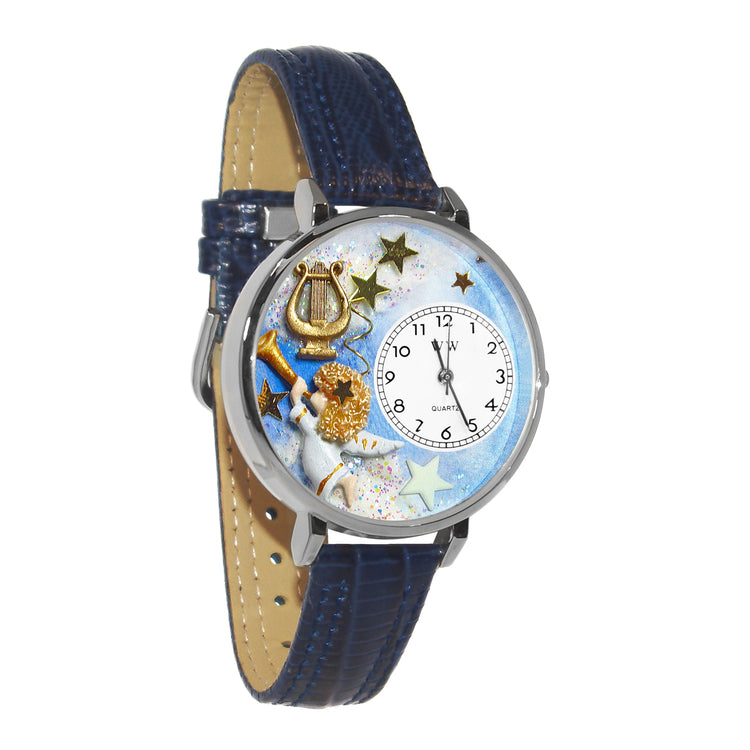 Whimsical Gifts | Angel with Harp 3D Watch Large Style | Handmade in USA | Religious & Spiritual | | Novelty Unique Fun Miniatures Gift | Silver Finish Navy Blue Leather Watch Band