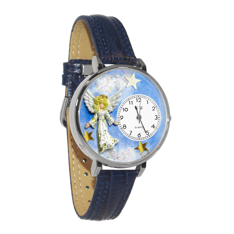 Whimsical Gifts | Angel 3D Watch Large Style | Handmade in USA | Religious & Spiritual | | Novelty Unique Fun Miniatures Gift | Silver Finish Navy Blue Leather Watch Band