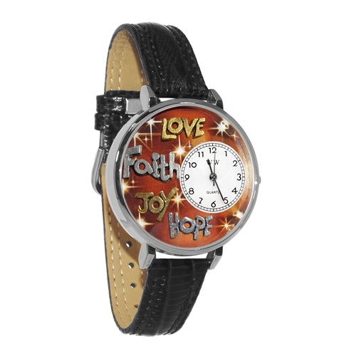 Whimsical Gifts | Faith Hope Love Joy 3D Watch Large Style | Handmade in USA | Religious & Spiritual | | Novelty Unique Fun Miniatures Gift | Silver Finish Black Leather Watch Band