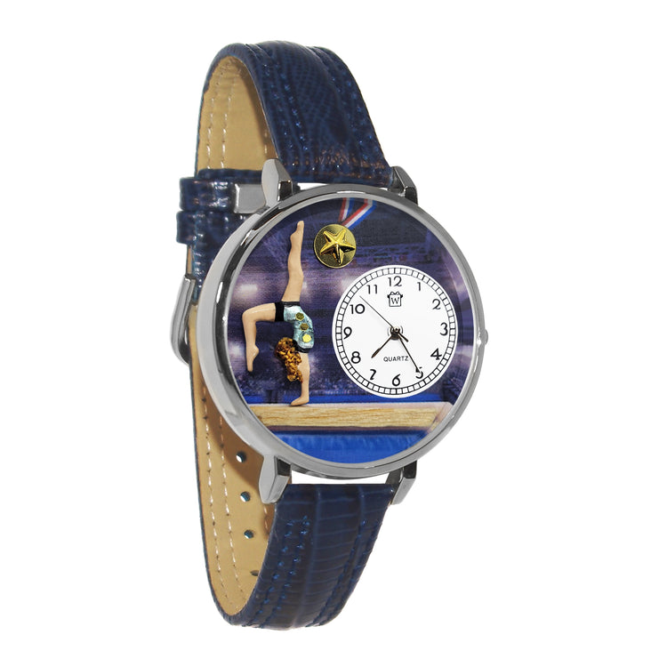 Whimsical Gifts | Gymnastics 3D Watch Large Style | Handmade in USA | Hobbies & Special Interests | Sports | Novelty Unique Fun Miniatures Gift | Light Skin Tone |Silver Finish Navy Blue Leather Watch Band