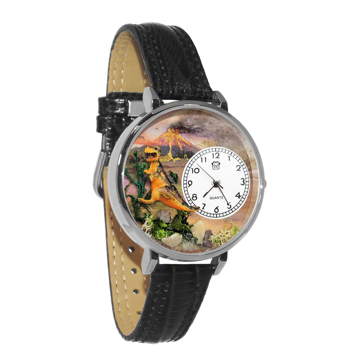 Whimsical Gifts | T-Rex Dinosaur 3D Watch Large Style | Handmade in USA | Youth Themed | | Novelty Unique Fun Miniatures Gift | Silver Finish Black Leather Watch Band