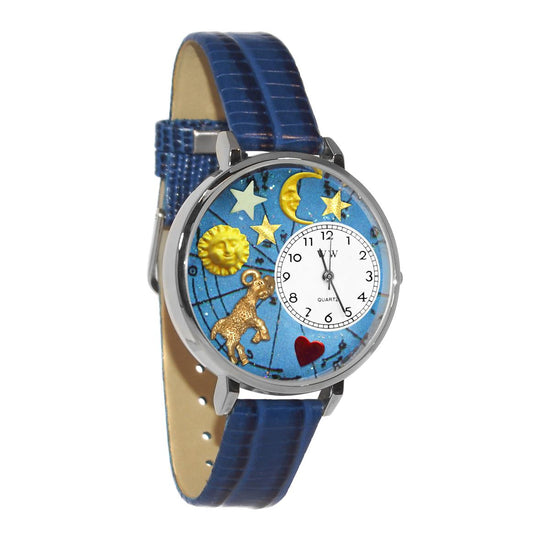 Whimsical Gifts | Aries Zodiac 3D Watch Large Style | Handmade in USA | Zodiac & Celestial |  | Novelty Unique Fun Miniatures Gift | Silver Finish Royal Blue Leather Watch Band