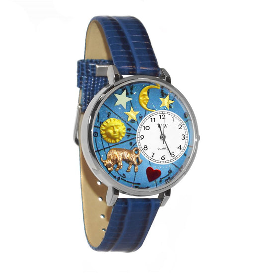 Whimsical Gifts | Taurus Zodiac 3D Watch Large Style | Handmade in USA | Zodiac & Celestial |  | Novelty Unique Fun Miniatures Gift | Silver Finish Royal Blue Leather Watch Band