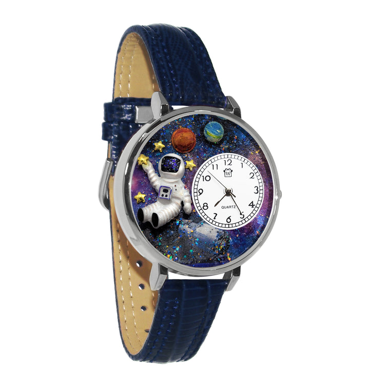 Whimsical Gifts | Astronaut 3D Watch Large Style | Handmade in USA | Youth Themed | | Novelty Unique Fun Miniatures Gift | Silver Finish Navy Blue Leather Watch Band