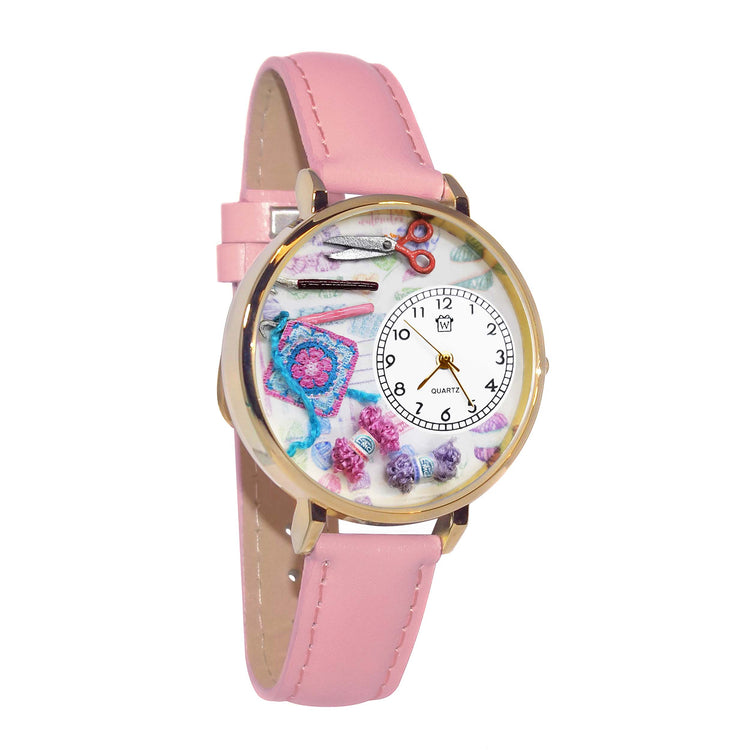Whimsical Gifts | Crochet 3D Watch Large Style | Handmade in USA | Hobbies & Special Interests | Sewing & Crafting | Novelty Unique Fun Miniatures Gift | Silver Finish Pink Leather Watch Band