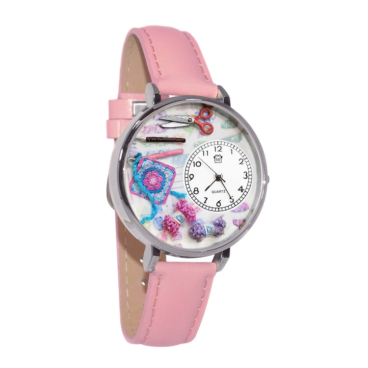 Whimsical Gifts | Crochet 3D Watch Large Style | Handmade in USA | Hobbies & Special Interests | Sewing & Crafting | Novelty Unique Fun Miniatures Gift | Silver Finish Pink Leather Watch Band