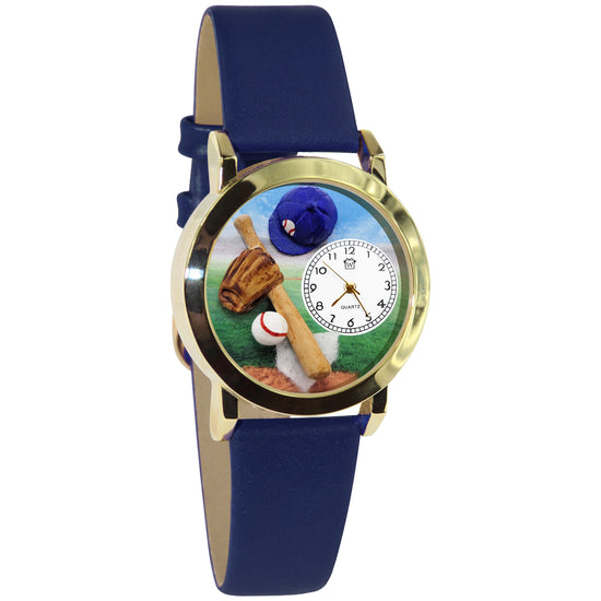 Whimsical Gifts | Baseball 3D Watch Small Style | Handmade in USA | Hobbies & Special Interests | Sports | Novelty Unique Fun Miniatures Gift | Gold Finish Blue Leather Watch Band