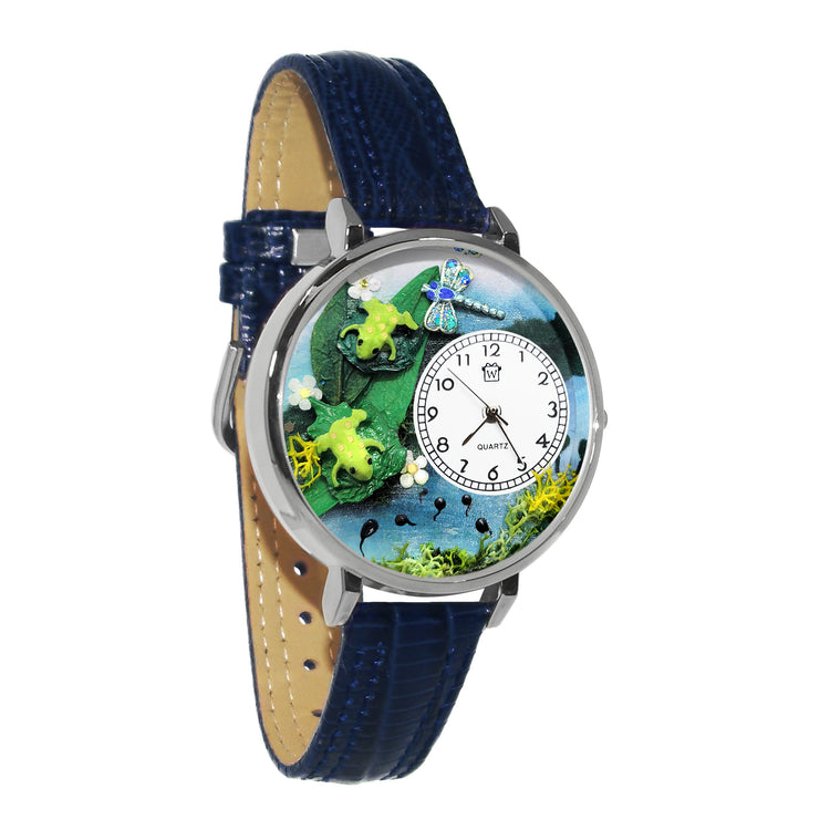 Whimsical Gifts | Frogs 3D Watch Large Style | Handmade in USA | Animal Lover | Outdoor & Garden | Novelty Unique Fun Miniatures Gift | Silver Finish Navy Blue Leather Watch Band