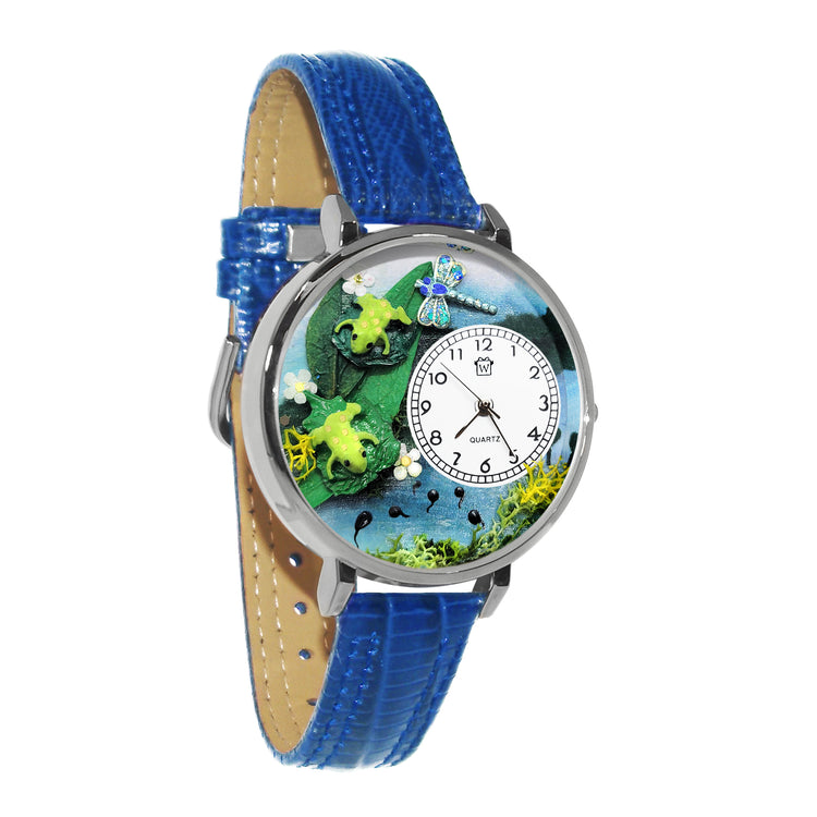 Whimsical Gifts | Frogs 3D Watch Large Style | Handmade in USA | Animal Lover | Outdoor & Garden | Novelty Unique Fun Miniatures Gift | Silver Finish Royal Blue Leather Watch Band