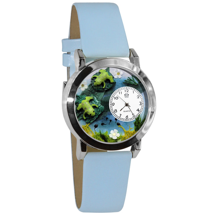 Whimsical Gifts | Frogs 3D Watch Small Style | Handmade in USA | Animal Lover | Outdoor & Garden | Novelty Unique Fun Miniatures Gift | Silver Finish Light Blue Leather Watch Band