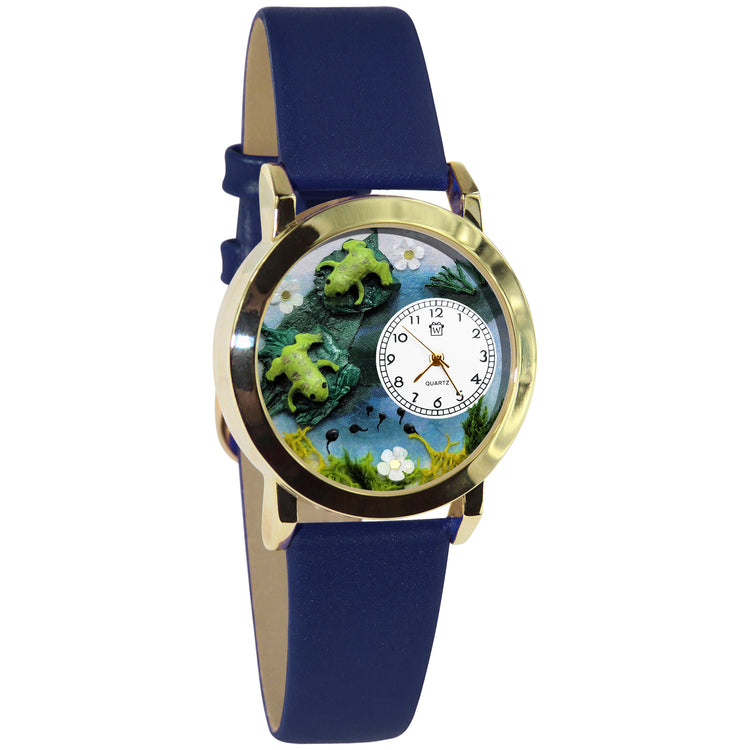 Whimsical Gifts | Frogs 3D Watch Small Style | Handmade in USA | Animal Lover | Outdoor & Garden | Novelty Unique Fun Miniatures Gift | Gold Finish Navy Blue Leather Watch Band