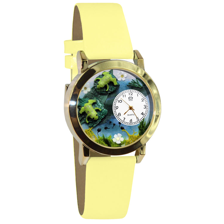 Whimsical Gifts | Frogs 3D Watch Small Style | Handmade in USA | Animal Lover | Outdoor & Garden | Novelty Unique Fun Miniatures Gift | Yellow Finish Green Leather Watch Band