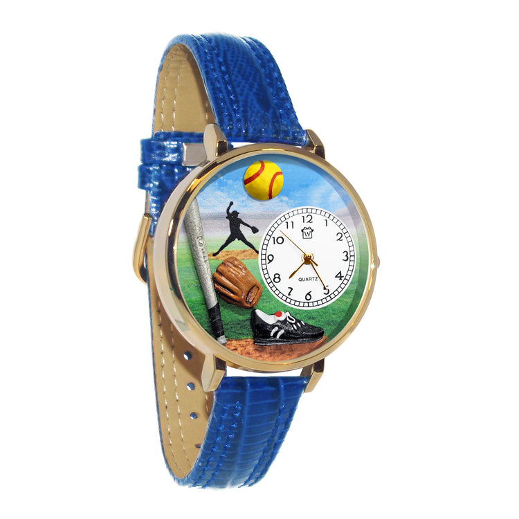 Whimsical Gifts | Softball 3D Watch Large Style | Handmade in USA | Hobbies & Special Interests | Sports | Novelty Unique Fun Miniatures Gift | Gold Finish Royal Blue Leather Watch Band