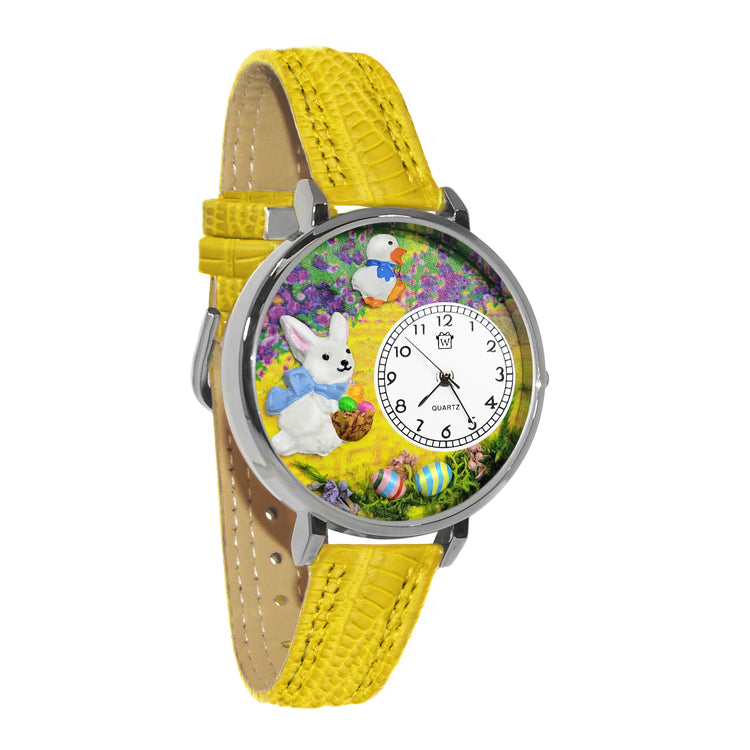 Whimsical Gifts | Easter Bunny 3D Watch Large Style | Handmade in USA | Holiday & Seasonal Themed | Easter | Novelty Unique Fun Miniatures Gift | Silver Finish Yellow Leather Watch Band