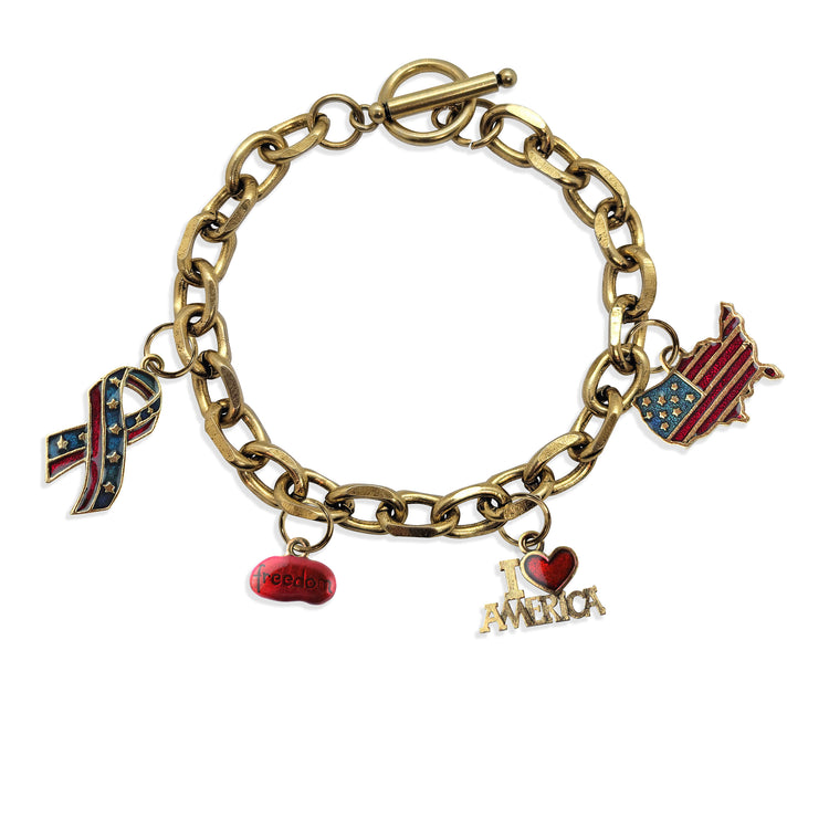 Whimsical Gifts | American Patriotic Toggle Charm Bracelet | 4 Handpainted Charms | Antique Gold or Antique Silver Finish in Antique Gold Finish | Patriotic | Jewelry