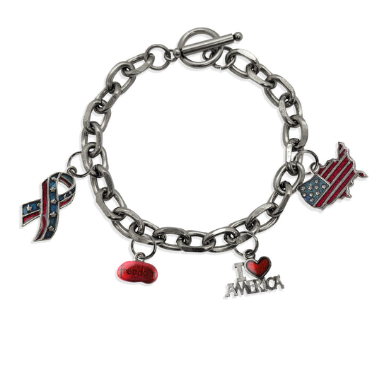 Whimsical Gifts | American Patriotic Toggle Charm Bracelet | 4 Handpainted Charms | Antique Gold or Antique Silver Finish in Antique Silver Finish | Patriotic | Jewelry