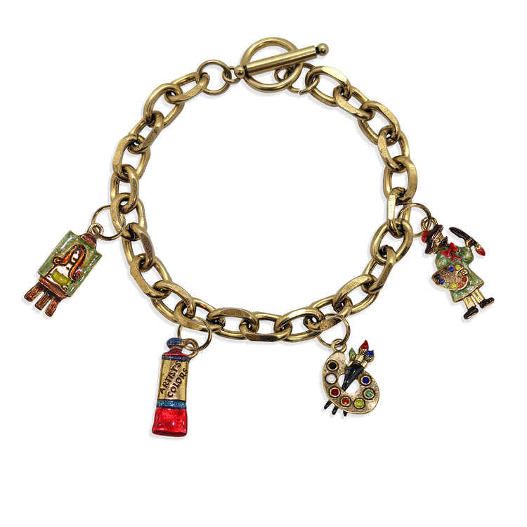 Whimsical Gifts | Artist Toggle Charm Bracelet | 4 Handpainted Charms | Antique Gold or Antique Silver Finish in Antique Gold Finish | Artist | Jewelry
