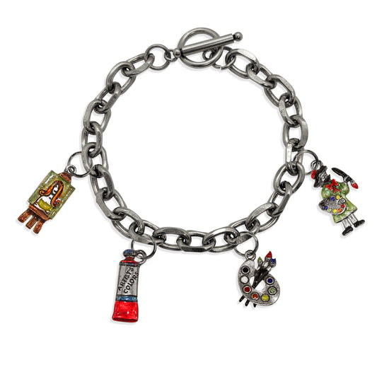 Whimsical Gifts | Artist Toggle Charm Bracelet | 4 Handpainted Charms | Antique Gold or Antique Silver Finish in Antique Silver Finish | Artist | Jewelry