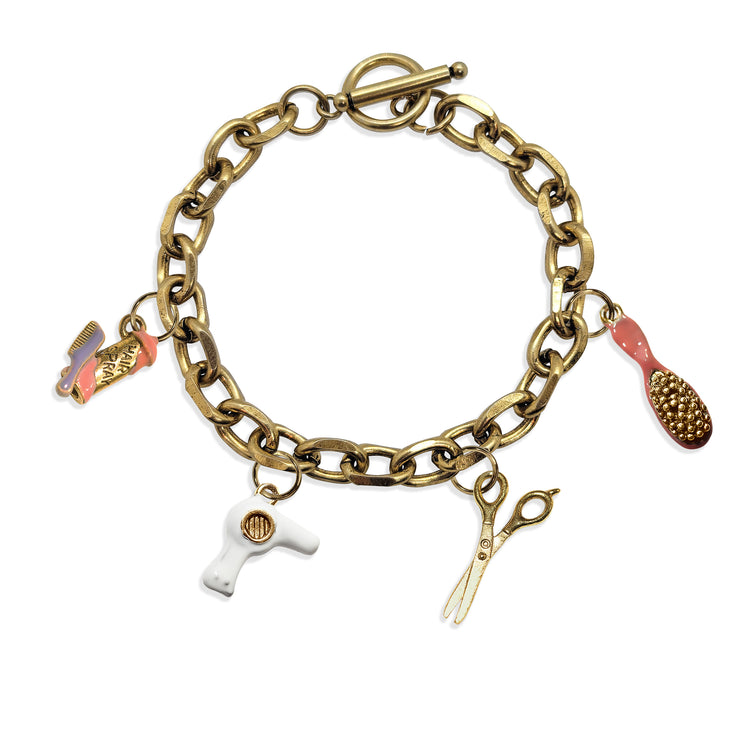 Whimsical Gifts | Hair Stylist Toggle Charm Bracelet | 4 Handpainted Charms | Antique Gold or Antique Silver Finish in Antique Gold Finish | Professions Themed | Salon & Spa Professions Jewelry
