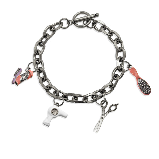 Whimsical Gifts | Hair Stylist Toggle Charm Bracelet | 4 Handpainted Charms | Antique Gold or Antique Silver Finish in Antique Silver Finish | Professions Themed | Salon & Spa Professions Jewelry