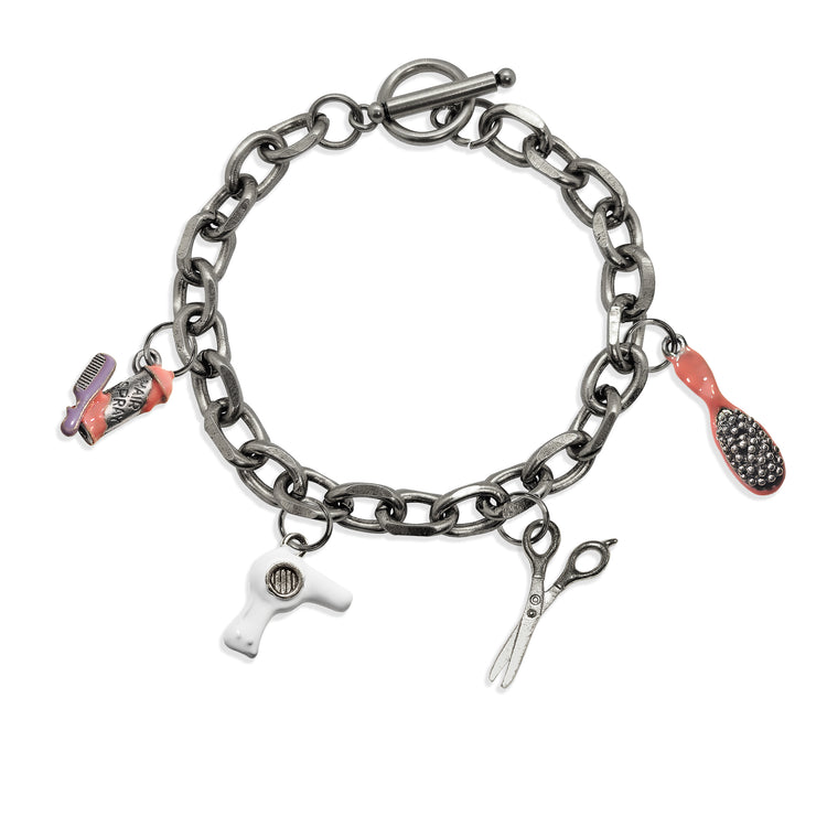 Whimsical Gifts | Hair Stylist Toggle Charm Bracelet | 4 Handpainted Charms | Antique Gold or Antique Silver Finish in Antique Silver Finish | Professions Themed | Salon & Spa Professions Jewelry