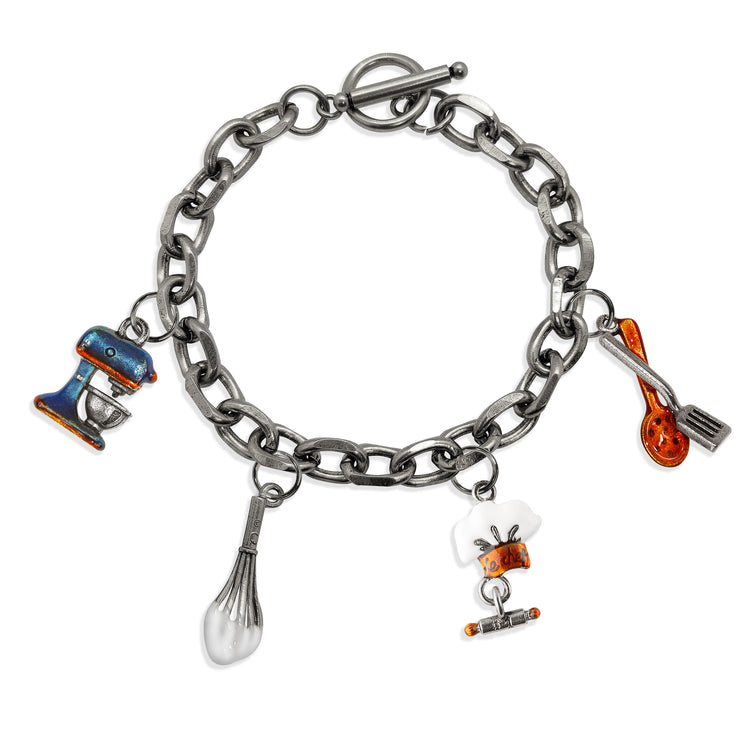 Whimsical Gifts | Chef Toggle Charm Bracelet | 4 Handpainted Charms | Antique Gold or Antique Silver Finish in Antique Silver Finish | Hobbies & Special Interests | Chef | Cooking | Baking Jewelry