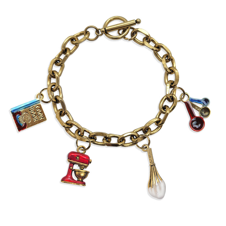 Whimsical Gifts | Baking Toggle Charm Bracelet | 4 Handpainted Charms | Antique Gold or Antique Silver Finish in Antique Gold Finish | Hobbies & Special Interests | Chef | Cooking | Baking Jewelry