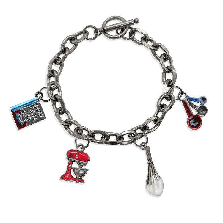 Whimsical Gifts | Baking Toggle Charm Bracelet | 4 Handpainted Charms | Antique Gold or Antique Silver Finish in Antique Silver Finish | Hobbies & Special Interests | Chef | Cooking | Baking Jewelry