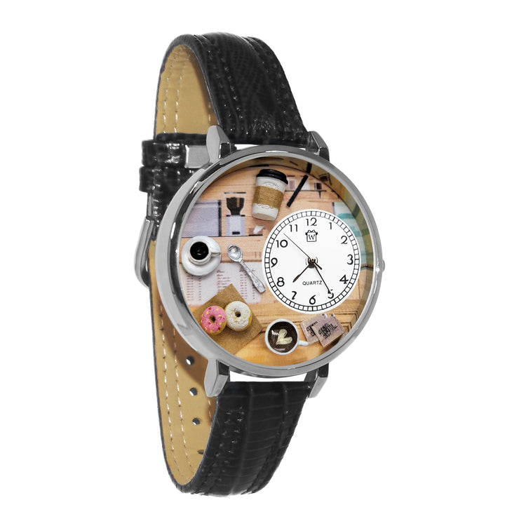 Whimsical Gifts | Coffee Lover 3D Watch Large Style | Handmade in USA | Hobbies & Special Interests | Food & Wine | Novelty Unique Fun Miniatures Gift | Silver Finish Black Leather Watch Band