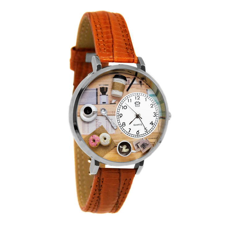 Whimsical Gifts | Coffee Lover 3D Watch Large Style | Handmade in USA | Hobbies & Special Interests | Food & Wine | Novelty Unique Fun Miniatures Gift | Silver Finish Tan Leather Watch Band