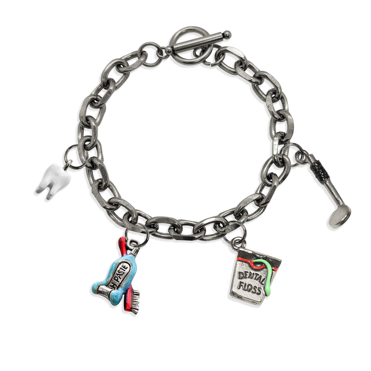 Whimsical Gifts | Dentist | Dental Hygienist Toggle Charm Bracelet | 4 Handpainted Charms | Antique Gold or Antique Silver Finish in Antique Silver Finish | Professions Themed | Dental | Medical | First Responder Jewelry