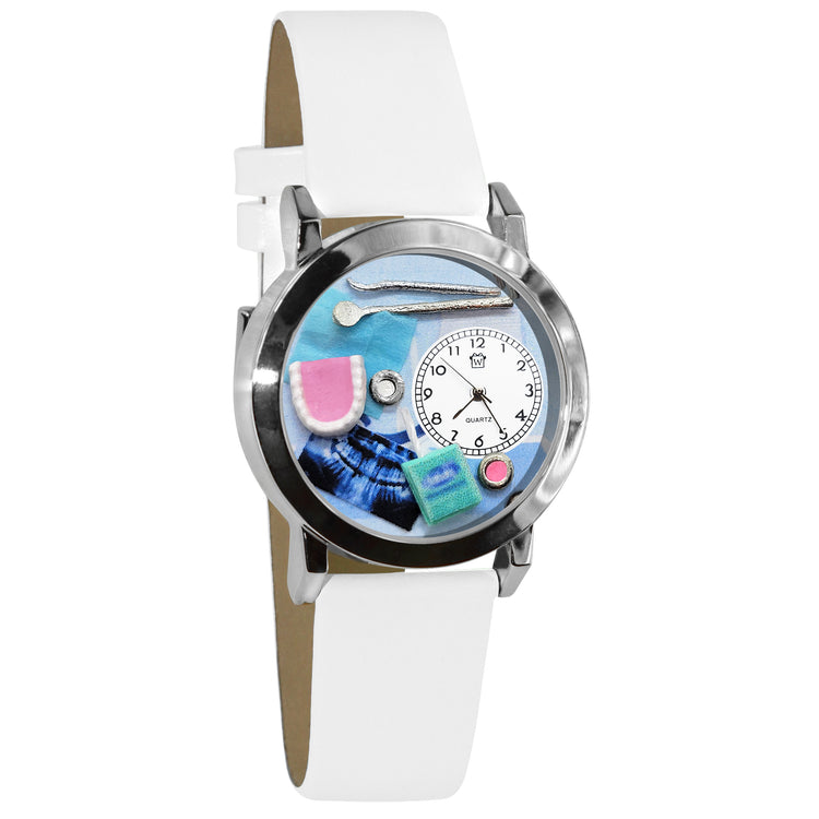Whimsical Gifts | Dentist Dental Hygienist 3D Watch Small Style | Handmade in USA | Professions Themed | Dental Professions | Novelty Unique Fun Miniatures Gift | Silver Finish White Leather Watch Band