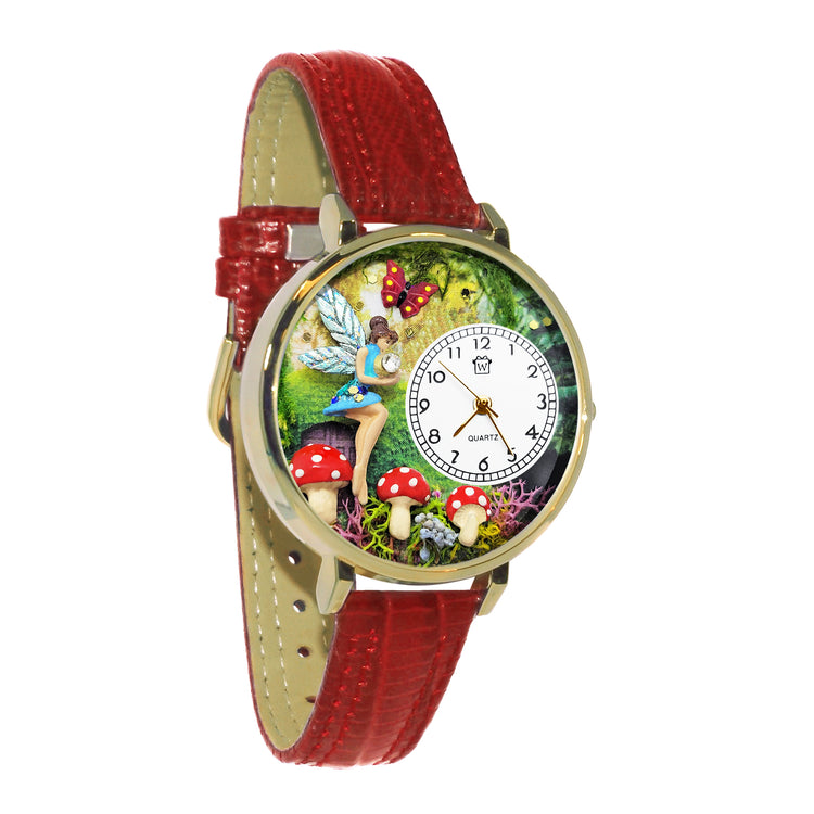 Whimsical Gifts | Fairy 3D Watch Large Style | Handmade in USA | Fantasy & Mystical | | Novelty Unique Fun Miniatures Gift | Gold Finish Red Leather Watch Band