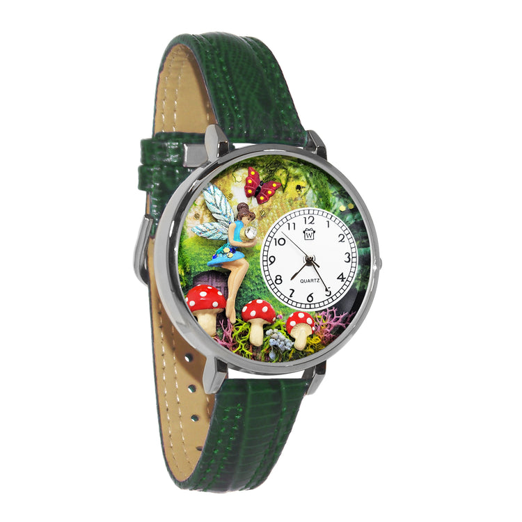 Whimsical Gifts | Fairy 3D Watch Large Style | Handmade in USA | Fantasy & Mystical | | Novelty Unique Fun Miniatures Gift | Silver Finish Green Leather Watch Band