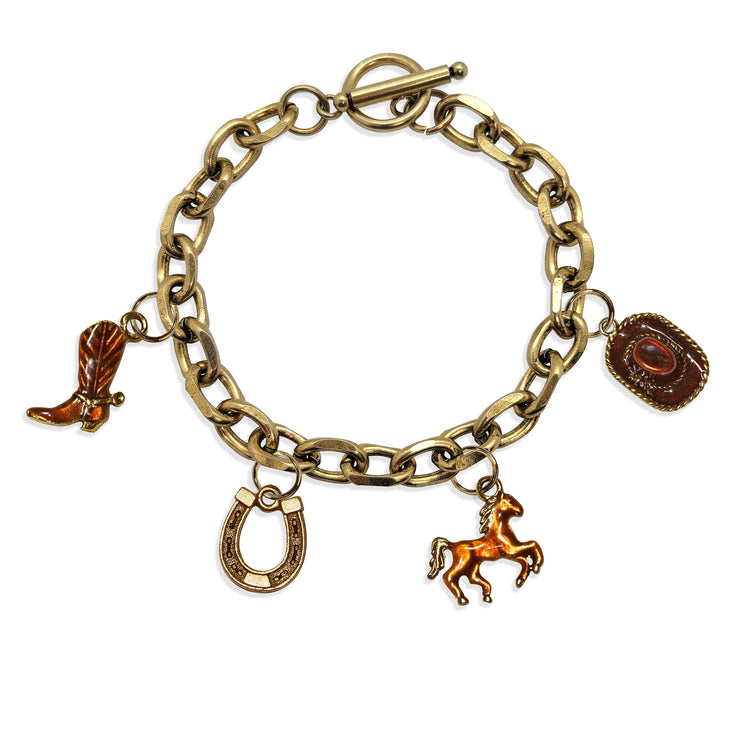 Whimsical Gifts | Horse Lover Toggle Charm Bracelet | 4 Handpainted Charms | Antique Gold or Antique Silver Finish in Antique Gold Finish | Animal Lover | Jewelry