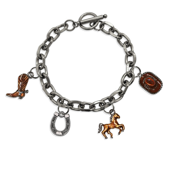 Whimsical Gifts | Horse Lover Toggle Charm Bracelet | 4 Handpainted Charms | Antique Gold or Antique Silver Finish in Antique Silver Finish | Animal Lover | Jewelry