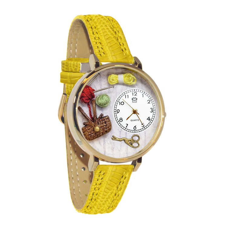 Whimsical Gifts | Knitting Basket 3D Watch Large Style | Handmade in USA | Hobbies & Special Interests | Sewing & Crafting | Novelty Unique Fun Miniatures Gift | Gold Finish Yellow Leather Watch Band
