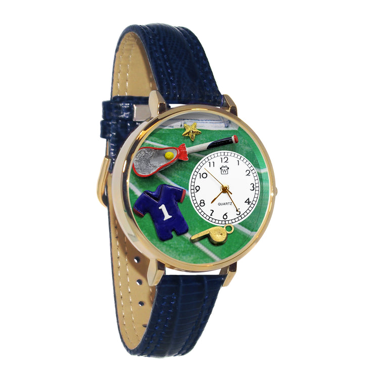 Whimsical Gifts | Lacrosse 3D Watch Large Style | Handmade in USA | Hobbies & Special Interests | Sports | Novelty Unique Fun Miniatures Gift | Gold Finish Shorts Navy Blue Leather Watch Band