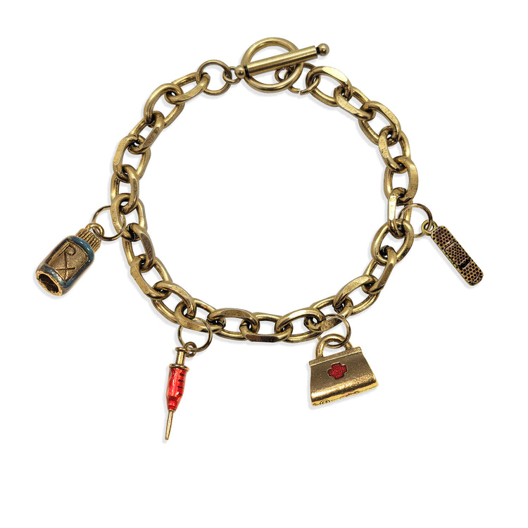 Whimsical Gifts | Pharmacist Toggle Charm Bracelet | 4 Handpainted Charms | Antique Gold or Antique Silver Finish in Antique Gold Finish | Professions Themed | Dental | Medical | First Responder Jewelry