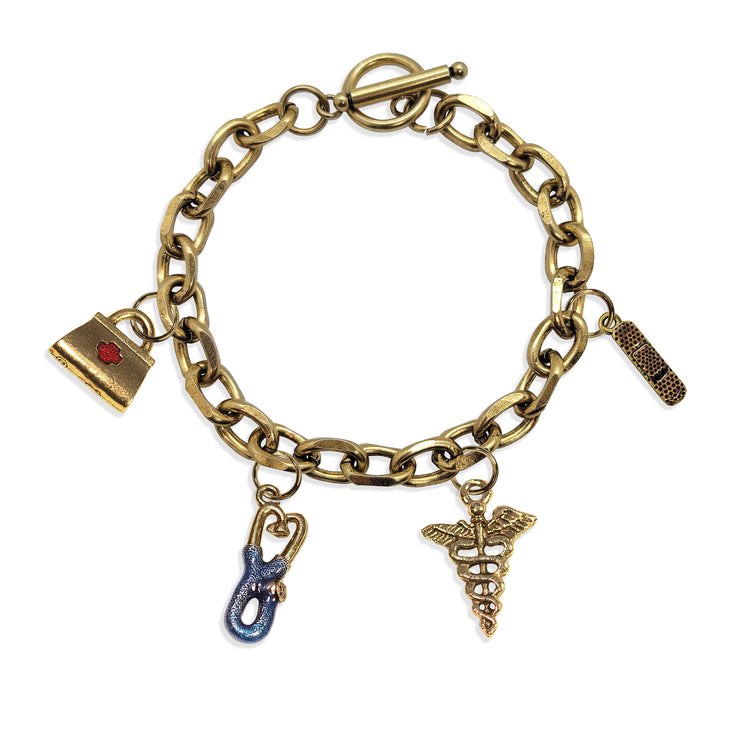 Whimsical Gifts | Nurse Toggle Charm Bracelet | 4 Handpainted Charms | Antique Gold or Antique Silver Finish in Antique Gold Finish | Professions Themed | Dental | Medical | First Responder Jewelry