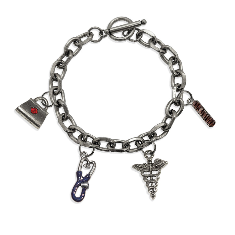 Whimsical Gifts | Nurse Toggle Charm Bracelet | 4 Handpainted Charms | Antique Gold or Antique Silver Finish in Antique Silver Finish | Professions Themed | Dental | Medical | First Responder Jewelry