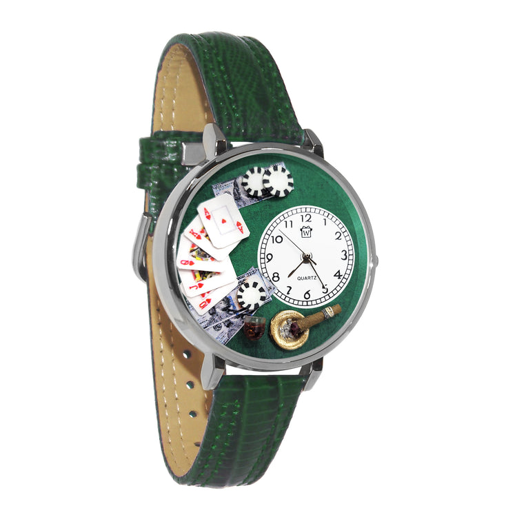 Whimsical Gifts | Poker 3D Watch Large Style | Handmade in USA | Hobbies & Special Interests | Casino & Gaming | Novelty Unique Fun Miniatures Gift | Silver Finish Green Leather Watch Band