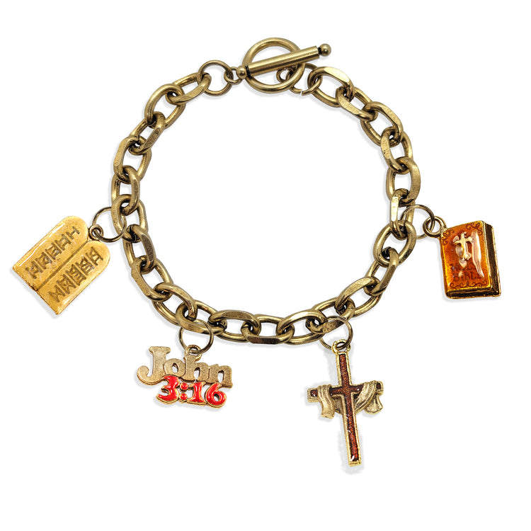 Whimsical Gifts | Religious Toggle Charm Bracelet | 4 Handpainted Charms | Antique Gold or Antique Silver Finish in Antique Gold Finish | Religious & Spiritual | Jewelry