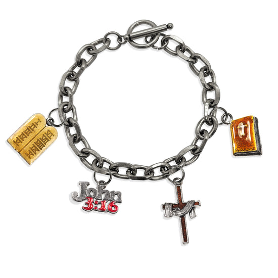 Whimsical Gifts | Religious Toggle Charm Bracelet | 4 Handpainted Charms | Antique Gold or Antique Silver Finish in Antique Silver Finish | Religious & Spiritual | Jewelry
