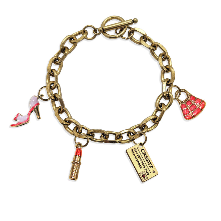 Whimsical Gifts | Fashionista Toggle Charm Bracelet | 4 Handpainted Charms | Antique Gold or Antique Silver Finish in Antique Gold Finish | Hobbies & Special Interests | Fashionista Jewelry