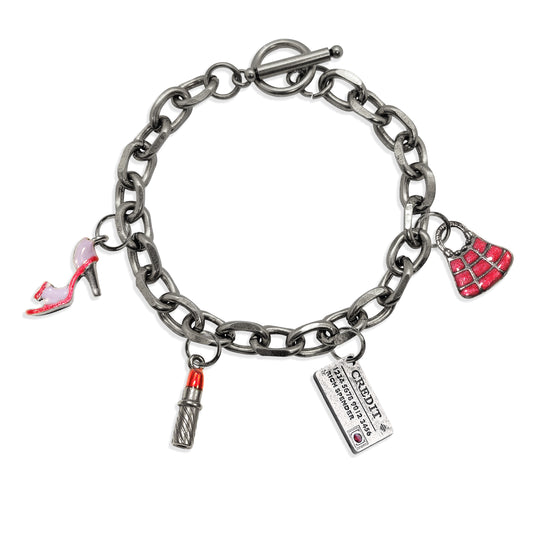 Whimsical Gifts | Fashionista Toggle Charm Bracelet | 4 Handpainted Charms | Antique Gold or Antique Silver Finish in Antique Silver Finish | Hobbies & Special Interests | Fashionista Jewelry