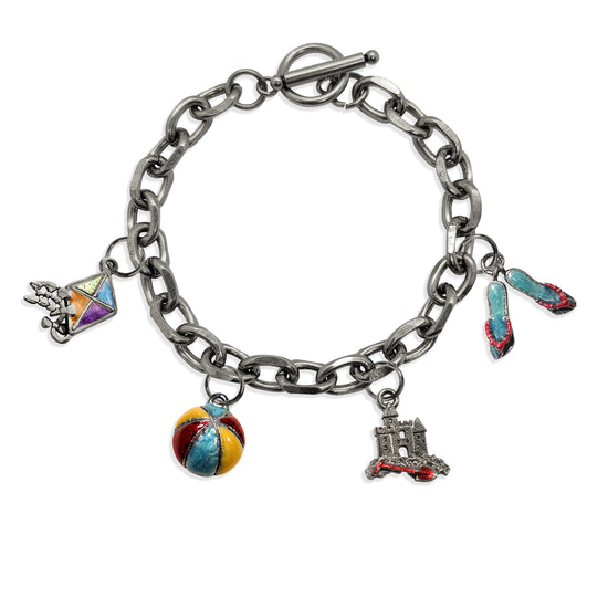 Whimsical Gifts | Beach Lover Toggle Charm Bracelet | 4 Handpainted Charms | Antique Gold or Antique Silver Finish in Antique Silver Finish | Holiday & Seasonal Themed | Spring & Summer Fun Jewelry
