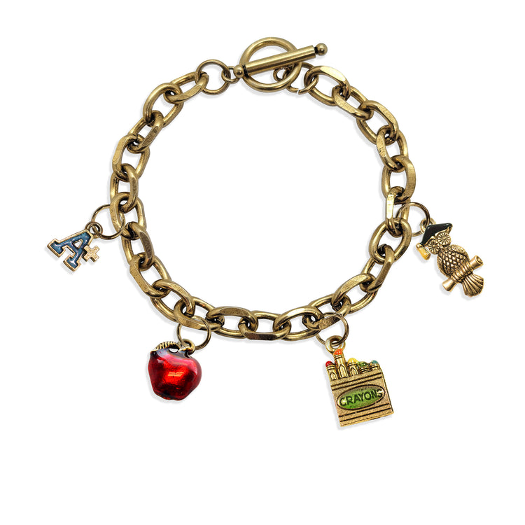 Whimsical Gifts | Teacher Toggle Charm Bracelet | 4 Handpainted Charms | Antique Gold or Antique Silver Finish in Antique Gold Finish | Professions Themed | Teacher Jewelry