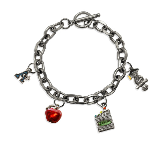 Whimsical Gifts | Teacher Toggle Charm Bracelet | 4 Handpainted Charms | Antique Gold or Antique Silver Finish in Antique Silver Finish | Professions Themed | Teacher Jewelry