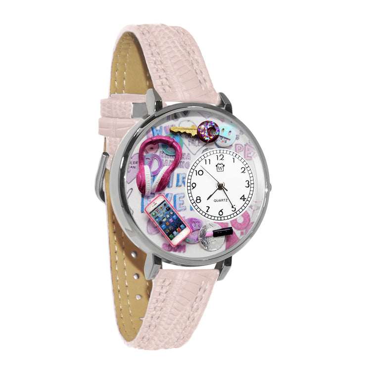 Whimsical Gifts | Teen Girl 3D Watch Large Style | Handmade in USA | Youth Themed | Novelty Unique Fun Miniatures Gift | Silver Finish Pink Leather Watch Band